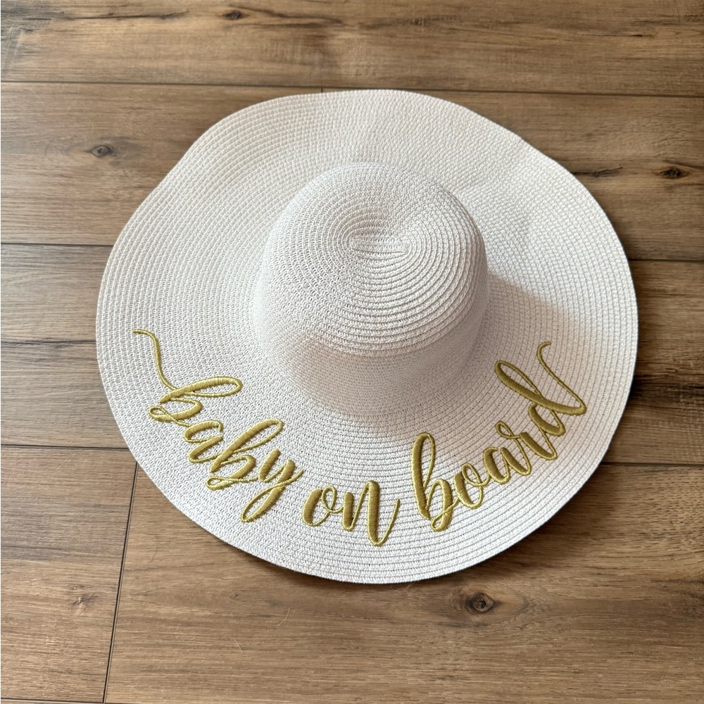 White Sun Hat with Gold 'Baby on Board' Embroidery
